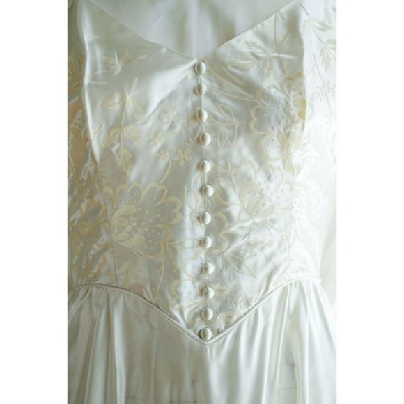 Vintage Light Ivory  Satin Flecked Wedding Dress w Train Detail S/M - Picture 5 of 11